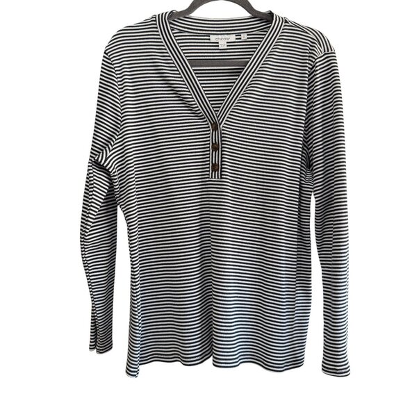 Chico’s Size 3 (XL/16) Black Stripe 3 Button Accent  V Neck Thermal Shirt - Picture 1 of 6